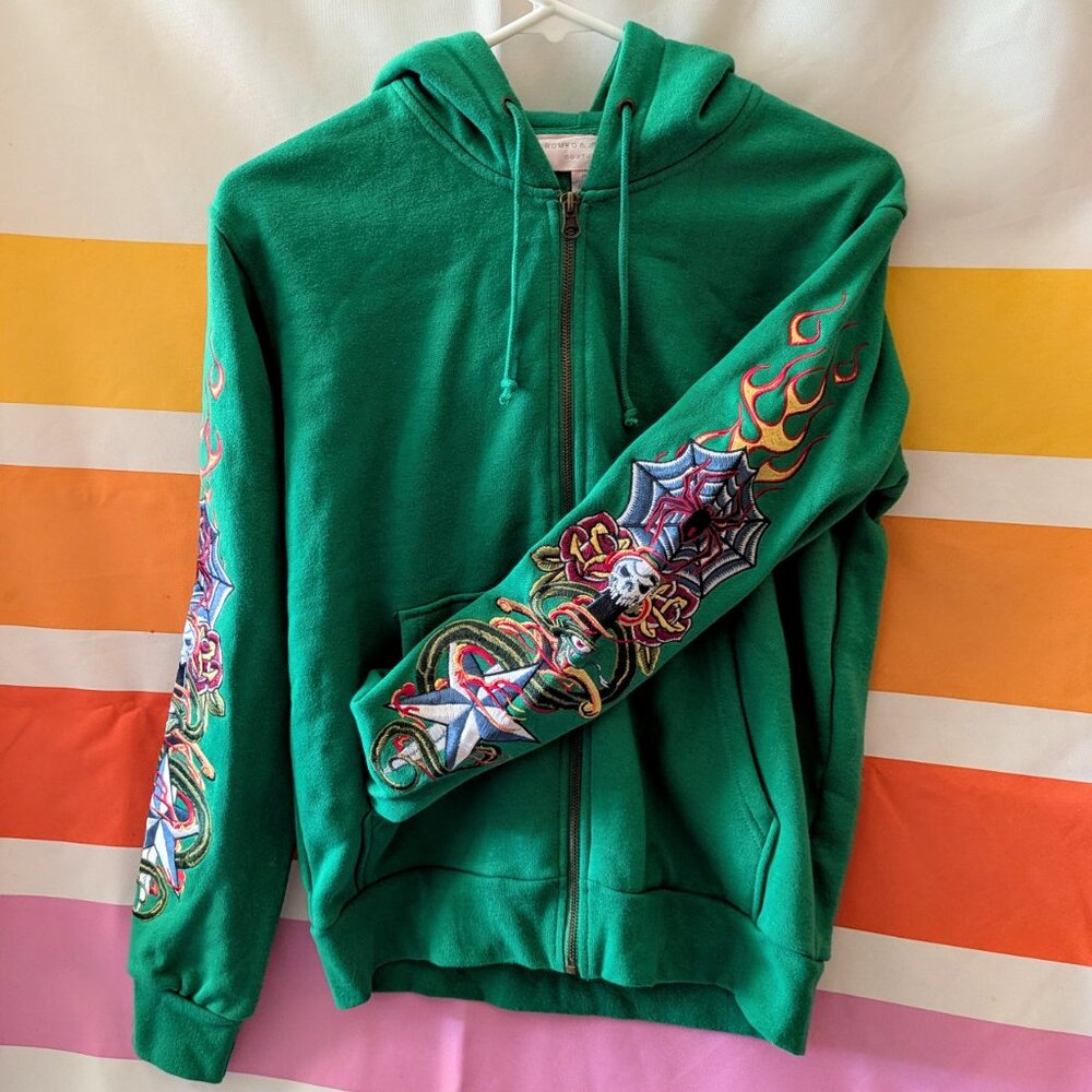 Romeo and Juliet Couture Green Embroidered Tattoo Sleeve Hoodie Y2K Maximalist